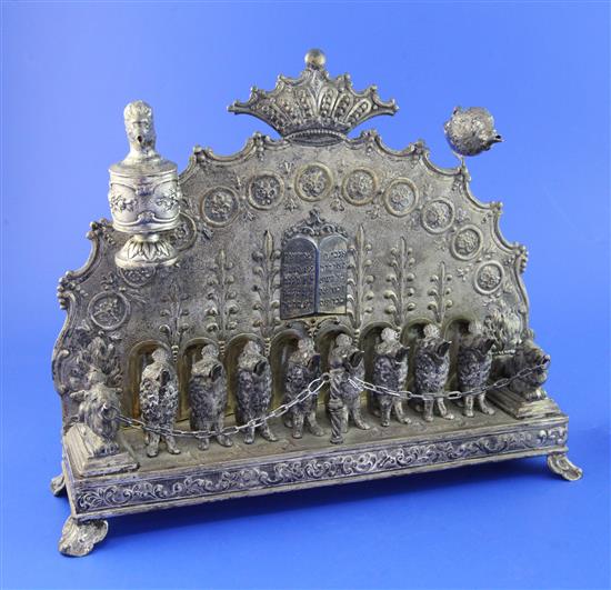 An early 20th century German sterling silver Hanukkah Menorah, gross weight 57 oz.